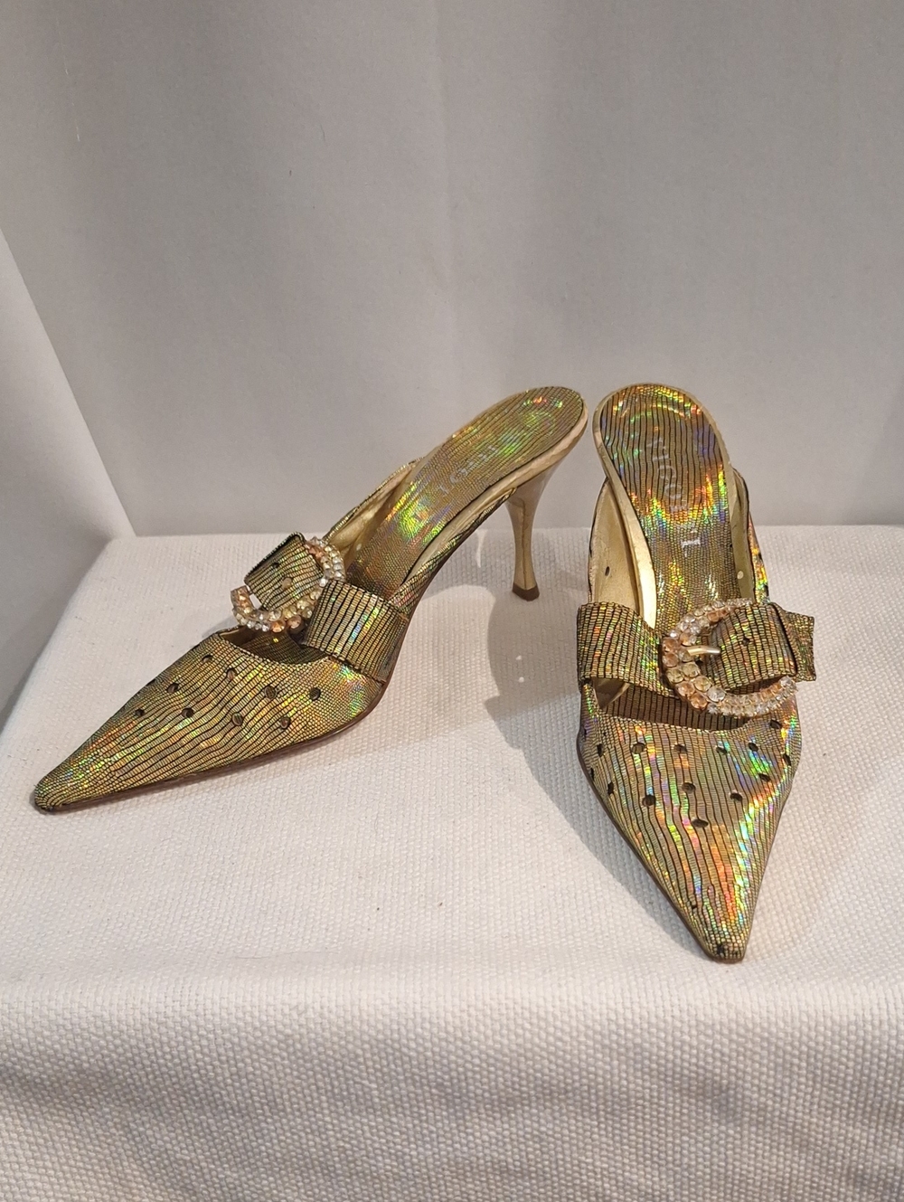 Vigotti Gold Iridescent Pointed Toe Mules with Crystal Buckle
